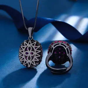 Black gold plated synthetic corundum necklace and open ring jewelry set for women daily chic