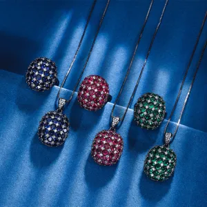Women Copper Black Gold Plated Jewelry Set Simulated Gemstone Rhinestone Inlaid Pendant Necklace Round Dome Open Ring