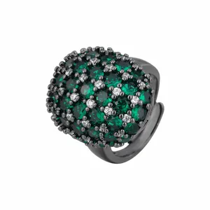 Stunning black gold plated cocktail ring featuring a dome paved with green and clear stones.
