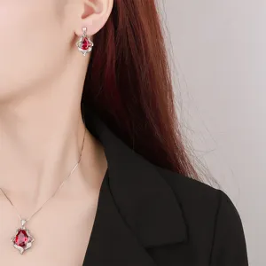 Conjunto de joyas con collar de colgante de lágrima de rubí rojo vintage y pendientes