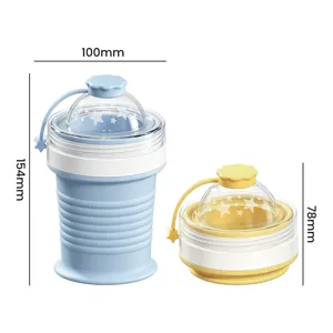 Collapsible silicone cup detail showing 100mm width and 154mm height for portable travel.