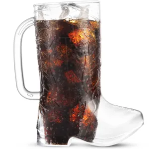 Close-up detail of clear plastic cowboy boot beer mug with handle and embossed pattern.