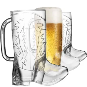 Detail view of the transparent plastic cowboy boot beer mug with handle, 17oz capacity.