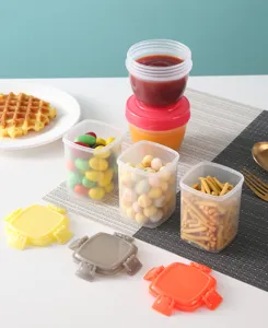 Mini portable jam container snack storage box detail view clear plastic material picnic use