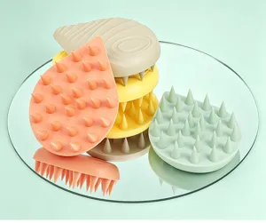 Silicone scalp massage brush detail view showcasing soft bristles for daily hair washing.