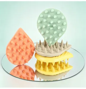 Silicone scalp massage brush detail display, soft bristles for comfortable hair washing tool.
