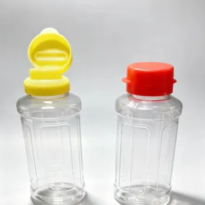 290ml clear plastic squeeze bottles with colored lids for kitchen sauce and condiment storage.