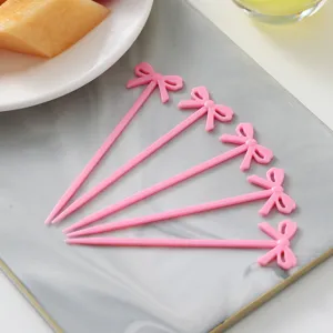 Süße rosa Schleife Obstgabeln Kunststoff Einweg Dessertspieße Set für Kuchen Gebäck 5Stk