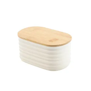 Oval plastic storage jar with bamboo lid ribbed container for home kitchen organization