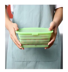 Vista detallada del recipiente de comida de silicona plegable con tapa para la fiambrera.