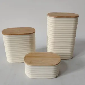 Plastic storage jar set with bamboo lid kitchen food canister organizer white ribbed design