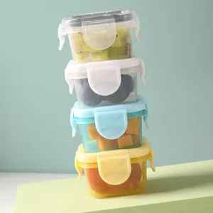 Mini food storage containers set, stackable leakproof baby snack boxes with secure lids.