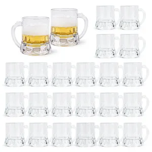 Mini transparent beer mugs set detail showing clear plastic texture and classic handle design.