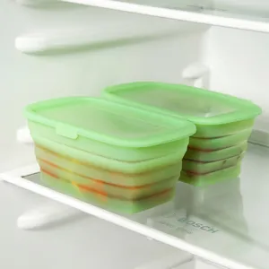 Contenedor de almacenamiento de alimentos de silicona plegable con tapa, lonchera bento verde.