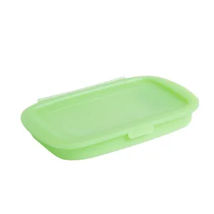 Fiambrera de silicona plegable verde con tapa, contenedor de alimentos portátil 1L.