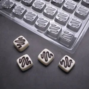 Dettaglio dello stampo per cioccolata in PET che mostra vassoio quadrato e dolci fatti in casa.