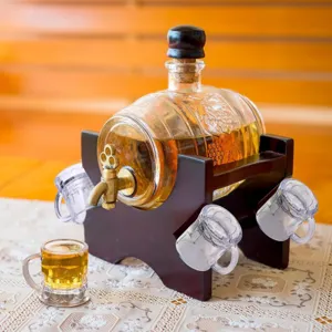 Glass barrel liquor dispenser set with wooden stand and mini mugs for party bar use