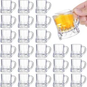 Transparent plastic mini beer mugs, 30ml 1oz small party cups for drinks and tasting events.