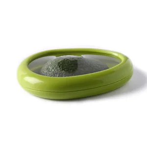 Silicone avocado saver pod detail, flexible film fridge storage container for fresh fruit.