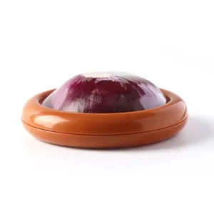 Silicone film food preservation container for fresh onion and avocado storage in fridge.