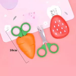 Cute carrot and strawberry safety scissors with protective cases for kids craft cutting.