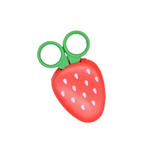 Cute strawberry safety scissors for kids with protective cover, ideal for handmade use.