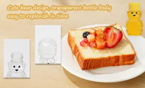 Vista dettagliata del flacone di miele in plastica a forma di orso con corpo trasparente.