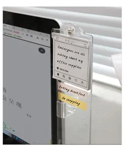 Transparent acrylic monitor memo board side sticky note holder closeup detail view