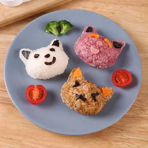 Cute cartoon cat rice ball mold set for kids, safe food-grade DIY bento kitchen cooking tool.