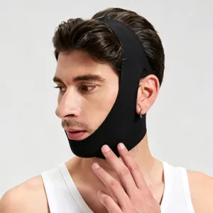 Detail view of the black V-line face lifting strap worn by model, showing fit and material.