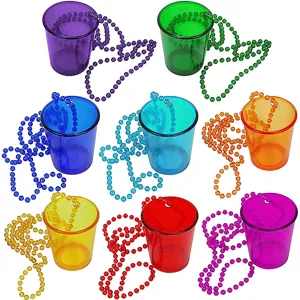 Close-up details of colorful plastic shot glass necklaces with beads, perfect for party celebration.