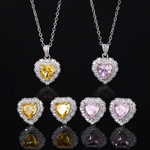 Kupfer Vergoldetes Herzform Eisblumenschliff Strass Schmuck Set Herz Anhänger Halskette Ohrstecker Für Frauen Zubehör