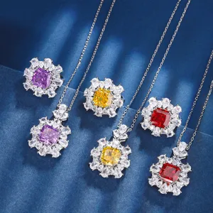 Lusso Rame Taglio Quadrato Princess Fiore di Ghiaccio Strass Pendente Collana Anello Per Donna Gioielli Eleganti Moda