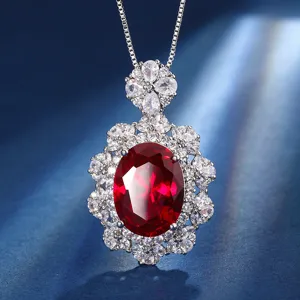 Elegant copper gold-plated simulated red corundum gemstone halo pendant necklace detail view.