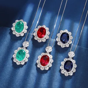 Vintage Copper Gold Plated Artificial Emerald Ruby Sapphire Pendant Necklace Ring For Women Luxury Rhinestone Jewelry Oval Cluster Design