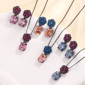 Retro Black Gold Copper Zirconia Camellia Jewelry Set For Women Floral Cushion Cut Pendant Necklace Stud Earrings Set