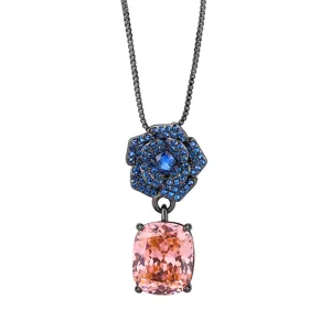 Black gold plated crystal camellia pendant necklace with pink square cubic zirconia main
