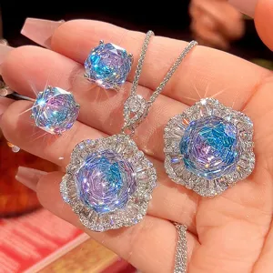 Gold Plated Copper Jewelry Set Gradient Millennium Cut Rhinestone Necklace Earrings Ring Light Luxury Women Jewelry Accessories