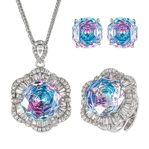 Fashion Gradient Crystal Jewelry Set Necklace Earrings Ring Luxury Women Accessories