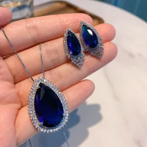 Elegant Copper Glass Rhinestone Jewelry Set For Women Sweet Pear Shaped Blue Pendant Necklace Earrings Gift