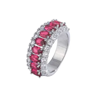 Women Vintage Multi-Row Synthetic Ruby Ring Silver Plated Fashion Jewelry Accessory