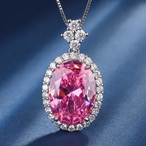 Exquisite oval pink gemstone pendant necklace with dazzling cubic zirconia halo for women gift