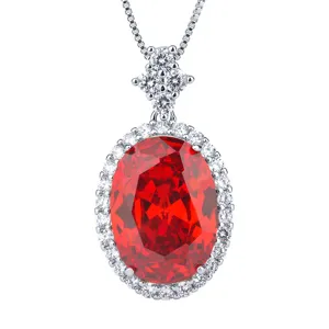 Stunning oval red simulated gemstone necklace with sparkling diamond halo pendant design for women.