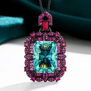 Luxurious radiant cut turquoise gemstone pendant necklace with vibrant pink crystal halo black gold