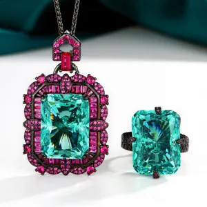 Vintage Black Gold Copper Rhinestone Jewelry Set Radiant Cut Square Paraiba Green Dusty Rose Orange Red Gemstone Pendant Necklace Ring Set For Women