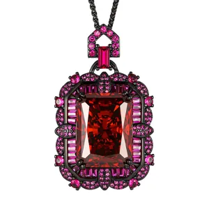 Radiant cut red stone pendant necklace with black gold setting and sparkling pink crystals.