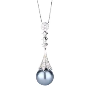 Elegant grey pearl tassel pendant necklace with sparkling stone accents for women