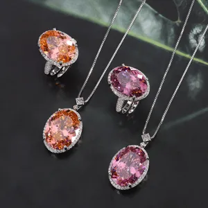 Set di Gioielli Lusso in Rame con Zirconia Padparadscha Taglio a Nido d'Uccello Rosa Secca Ovale Ciondolo Collana Anello per Donna Gioielli Matrimonio