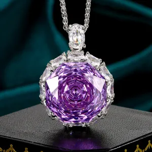 Stunning rose cut purple gemstone pendant necklace detailed closeup, elegant silver tone jewelry.