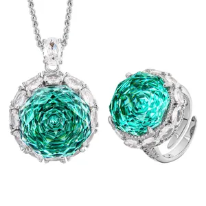 Exquisite green rose cut gemstone pendant necklace and ring jewelry set for elegant women.